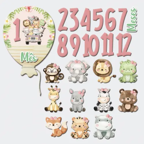 Mesversário Balão Mdf - Safári Baby Menina