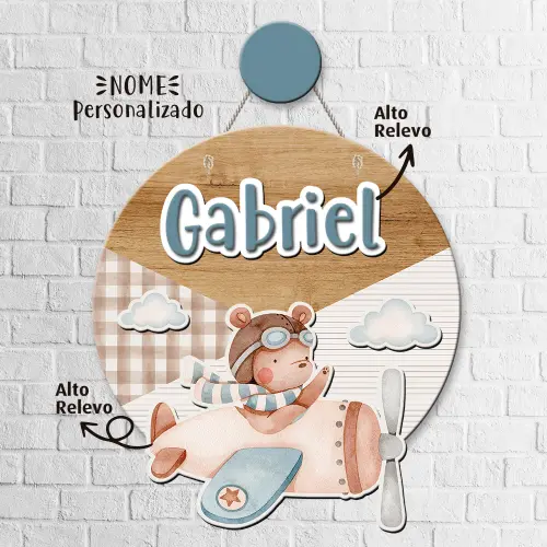 Porta Maternidade 3D + Pendurador - Urso Aviador