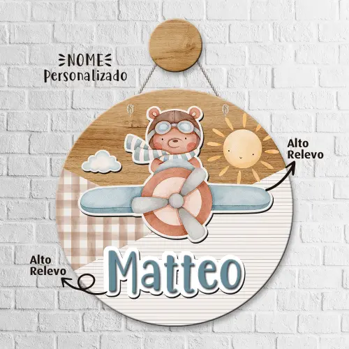 Porta Maternidade 3D + Pendurador - Urso Aviador