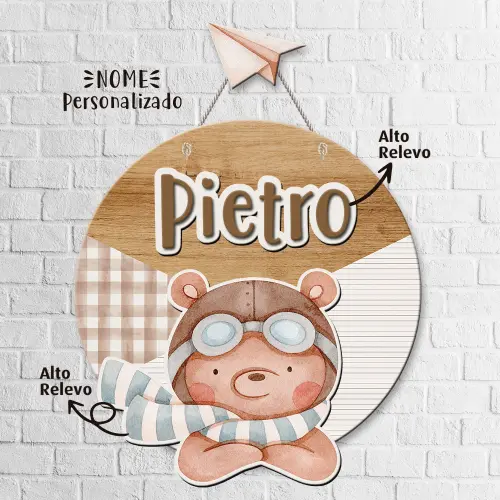 Porta Maternidade 3D + Pendurador - Urso Aviador