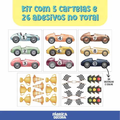 Adesivo de Parede - Carrinhos Corrida Aquarela
