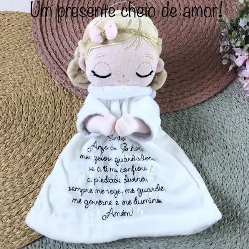 Naninha Anjinha com Oração do Santo Anjo Bordada