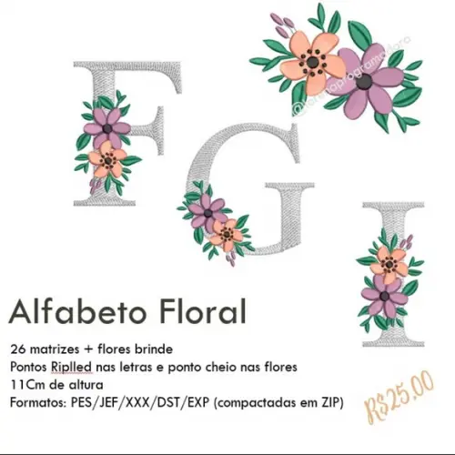 Matriz Bordado Alfabeto Floral