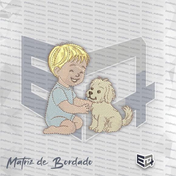 Matriz de Bordado Menino com Cachorro Pet - Amizade Carinho