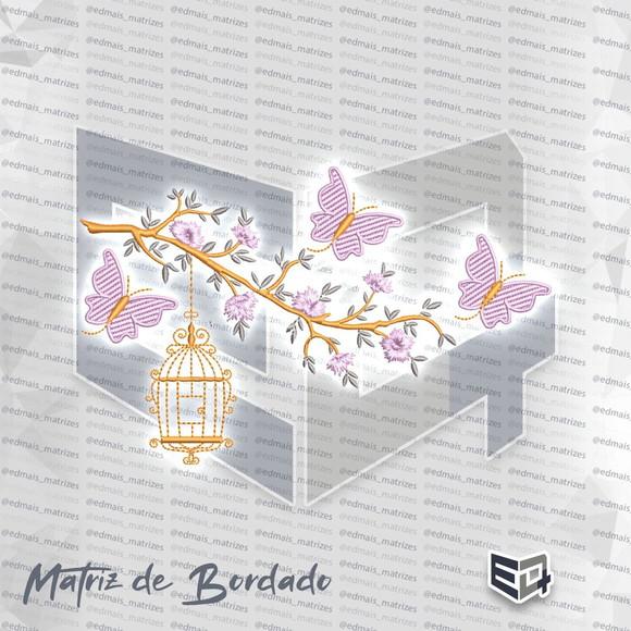 Matriz de Bordado Ramo Galho Cerejeira Gaiola Borboletas