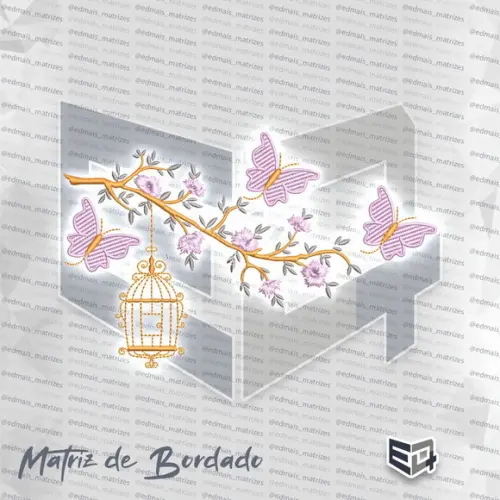 Matriz de Bordado Ramo Galho Cerejeira Gaiola Borboletas