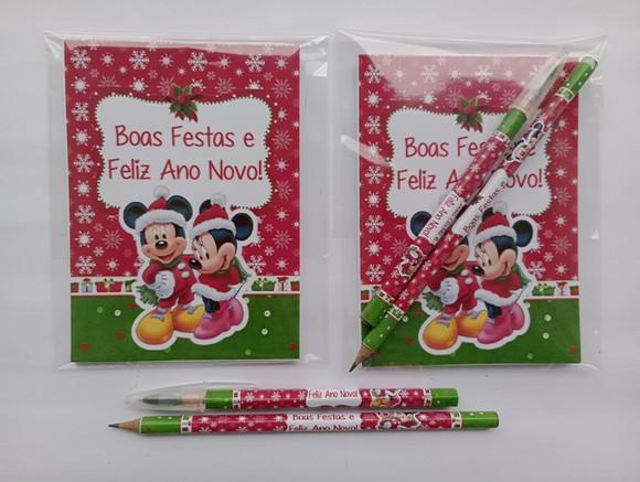 Bloquinho com Caneta e Lápis Mickey e Minnie de Natal