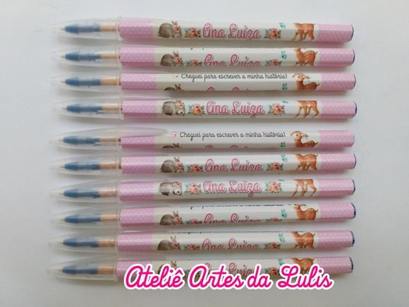 Caneta Personalizada Bichinhos da Floresta Aquarelado