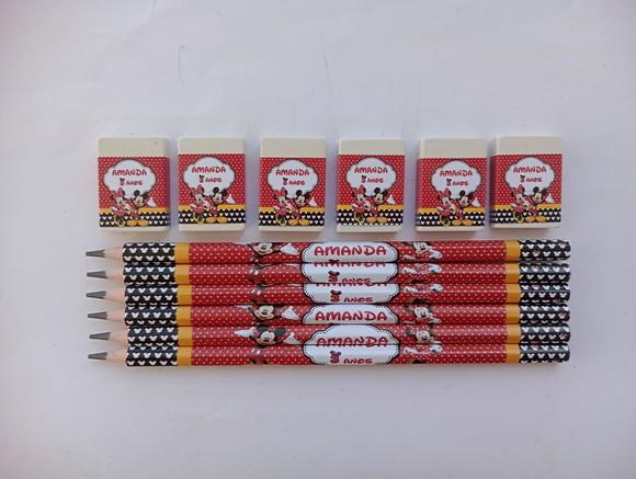 Kit Lápis com Borracha Mickey e Minnie Personalizada