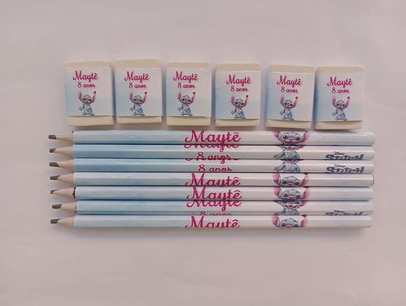 Kit Lápis com Borracha Personalizada Stitch Aquarela