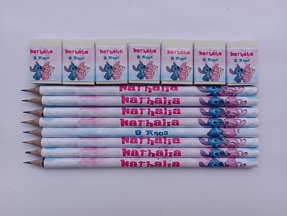 Kit Lápis com Borracha Personalizada Stitch e Angel