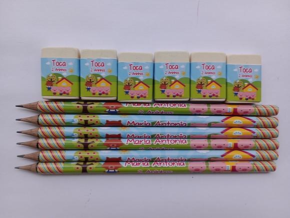 Kit Lápis com Borracha Personalizada Três Porquinhos