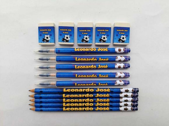 Kit Lápis com Caneta e Borracha Personalizado Futebol