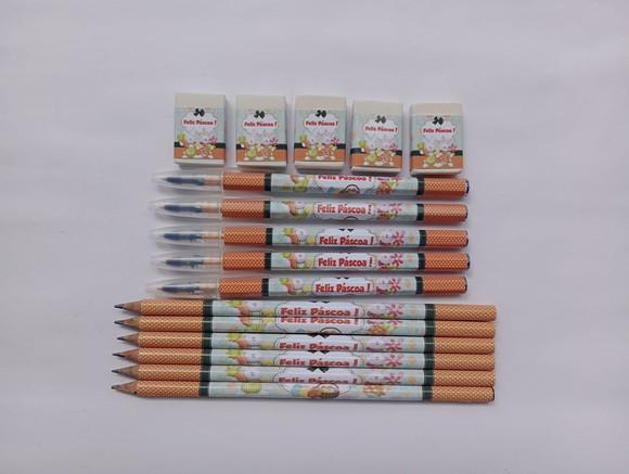 Kit Lápis com Caneta e Borracha Personalizado Páscoa