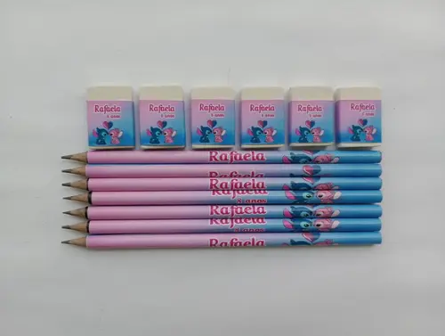 Kit Lápis com Borracha Personalizada Stitch e Angel