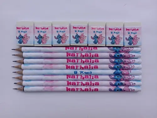 Kit Lápis com Borracha Personalizada Stitch e Angel