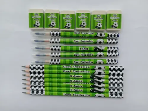 Kit Lápis com Caneta e Borracha Personalizado Futebol