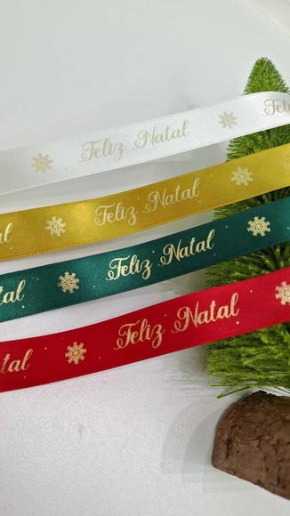 50m Fita Cetim 22mm - Feliz Natal Impressão Dourada