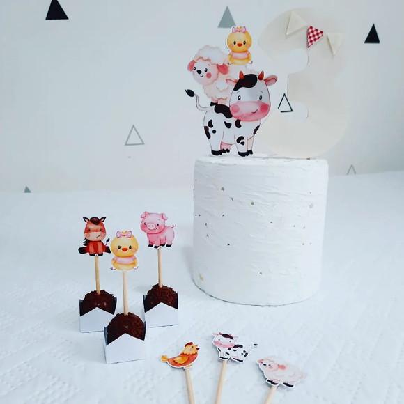 Kit Topo de Bolo + Toppers + Forminhas - Fazendinha