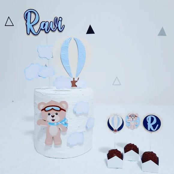 Kit Topo de Bolo + Toppers + Forminhas - Urso Baloeiro