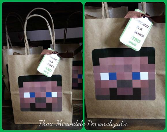 10 Sacolinhas de Papel com Adesivo e Tag Minecraft