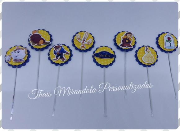 30 toppers 3D A Bela e a Fera, com palitinho
