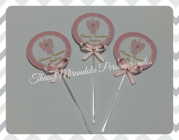 30 toppers 3D Anjinho Rosa, com palitinho e laço