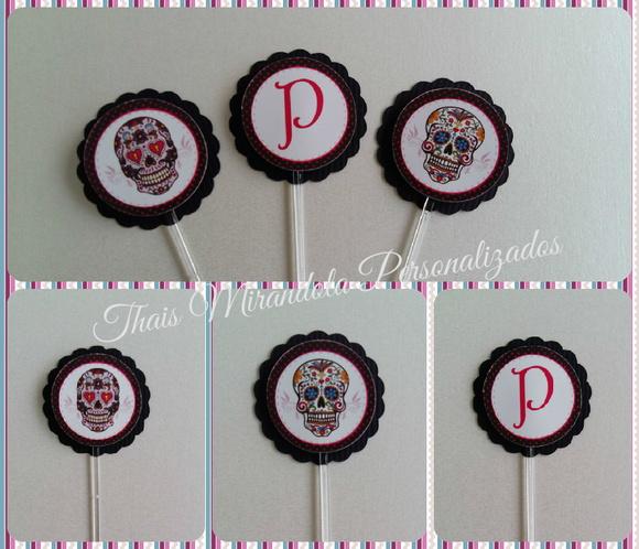 30 toppers 3D Caveira Mexicana, com palitinho