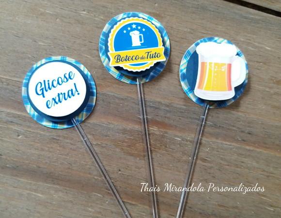 30 toppers 3D  Boteco Amarelo e Azul, com palitinho