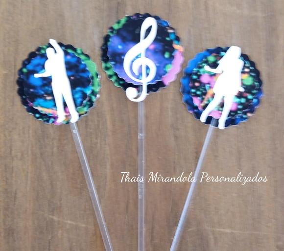 30 toppers 3D Festa Neon, com palitinho