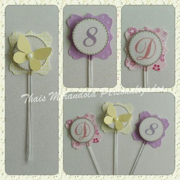 30 toppers 3D Jardim das Borboletas, com palitinho