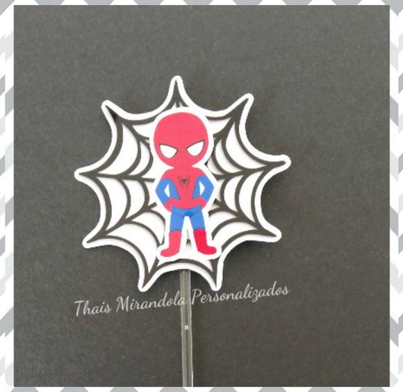 30 toppers Simples Homem Aranha Kids, com palitinho