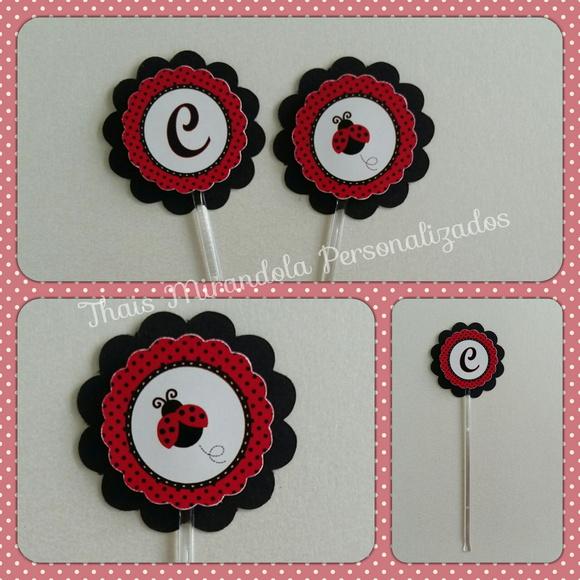 30 toppers 3D Joaninhas, com palitinho