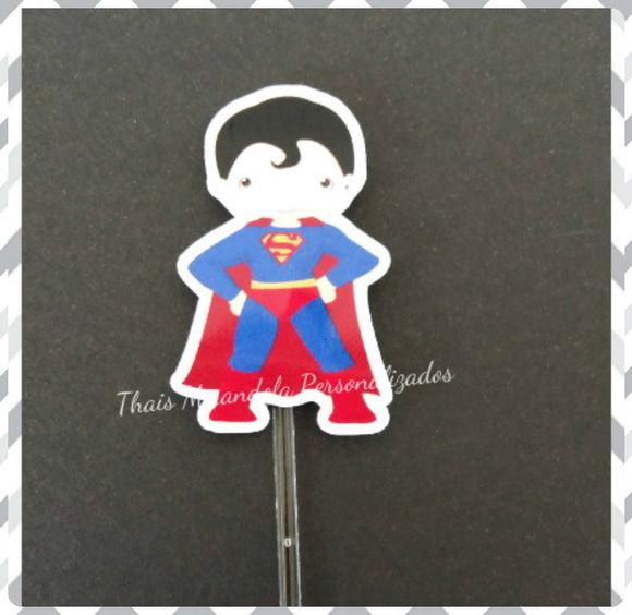 30 toppers Simples Super Homem Kids, com palitinho
