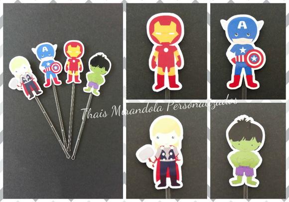 30 toppers Simples Vingadores Kids, com palitinho