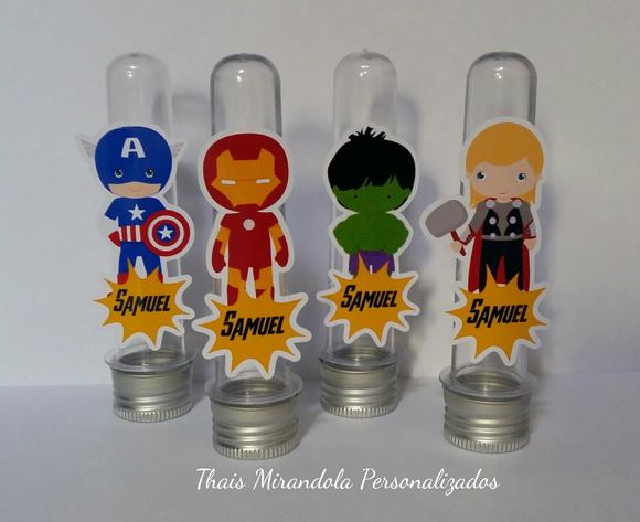 20 Tubetes com Aplique Vingadores Kids, tampa metal