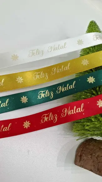 50m Fita Cetim 22mm - Feliz Natal Impressão Dourada