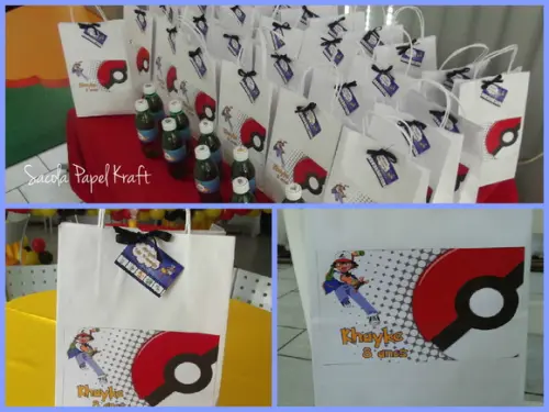 10 Sacolinhas de Papel com Adesivo e Tag Pokémon