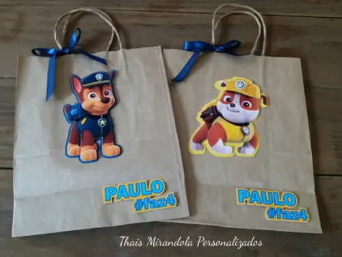 10 Sacolinhas de Papel com Adesivo e aplique 3D Patrulha Canina