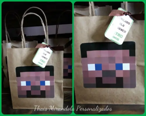 10 Sacolinhas de Papel com Adesivo e Tag Minecraft