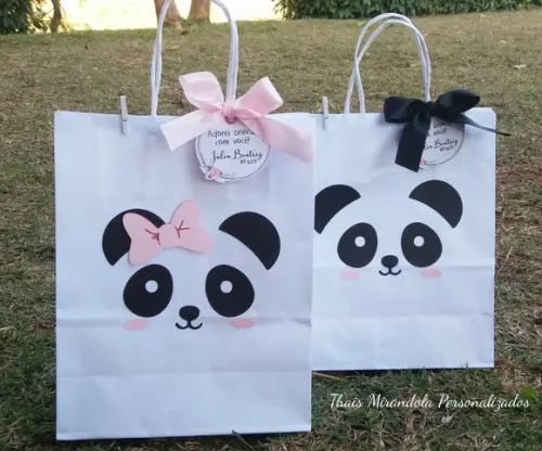 10 Sacolinhas de Papel 3D Luxo com Tag Panda Floral