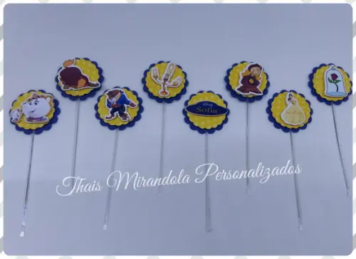 30 toppers 3D A Bela e a Fera, com palitinho