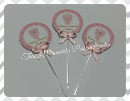 30 toppers 3D Anjinho Rosa, com palitinho e laço