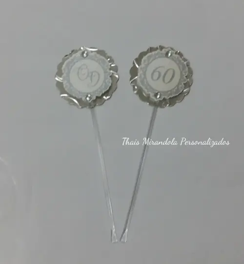 30 toppers 3D Bodas de Diamante, com palitinho