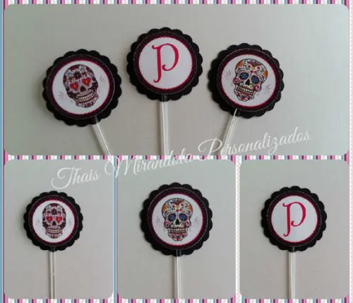 30 toppers 3D Caveira Mexicana, com palitinho