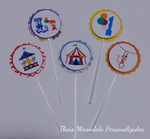 30 toppers Simples Circo, com palitinho