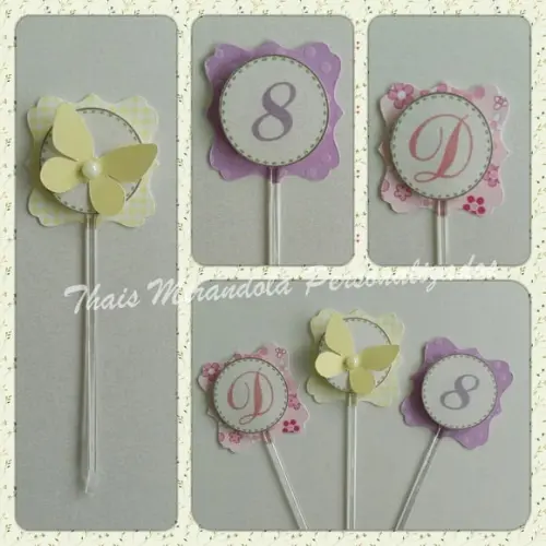 30 toppers 3D Jardim das Borboletas, com palitinho