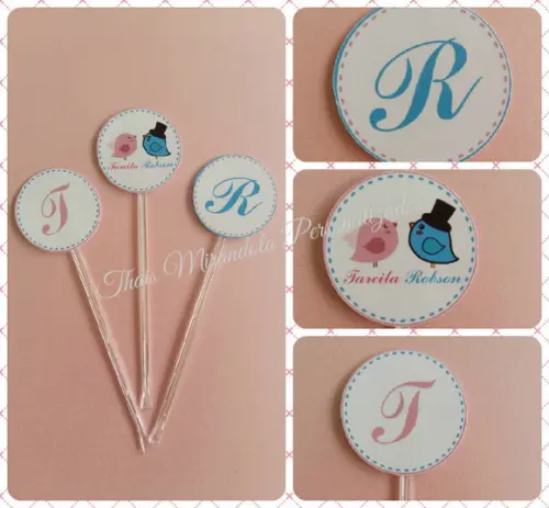 30 toppers Simples Passarinhos, com palitinho