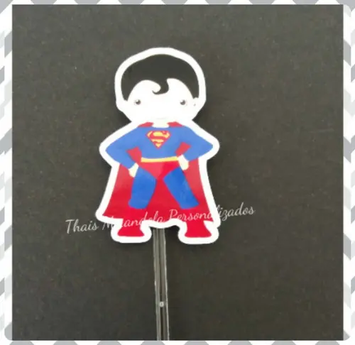 30 toppers Simples Super Homem Kids, com palitinho