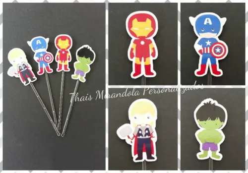 30 toppers Simples Vingadores Kids, com palitinho